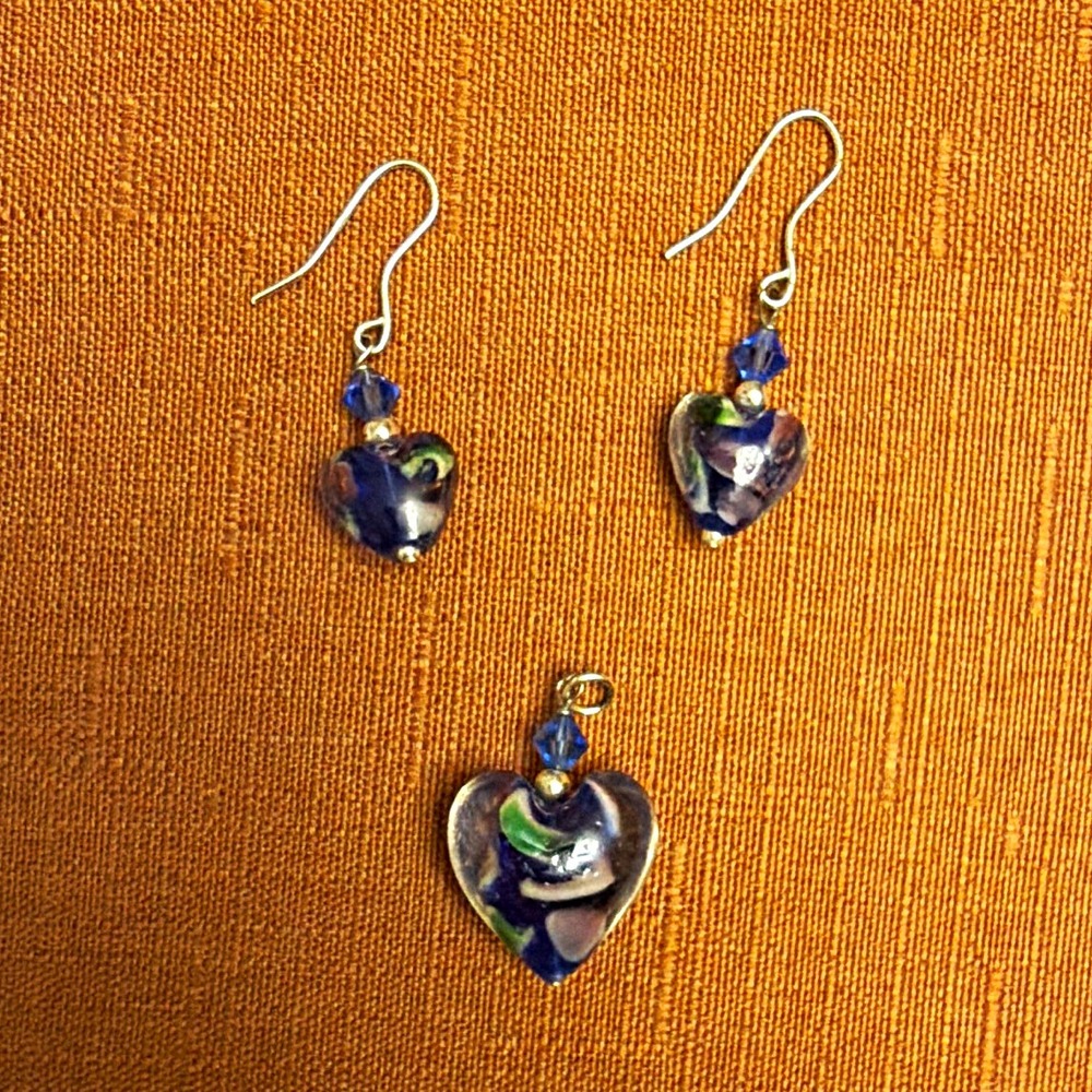Heart-Shaped Blue Glass Jewelry Set Earrings & Pendant